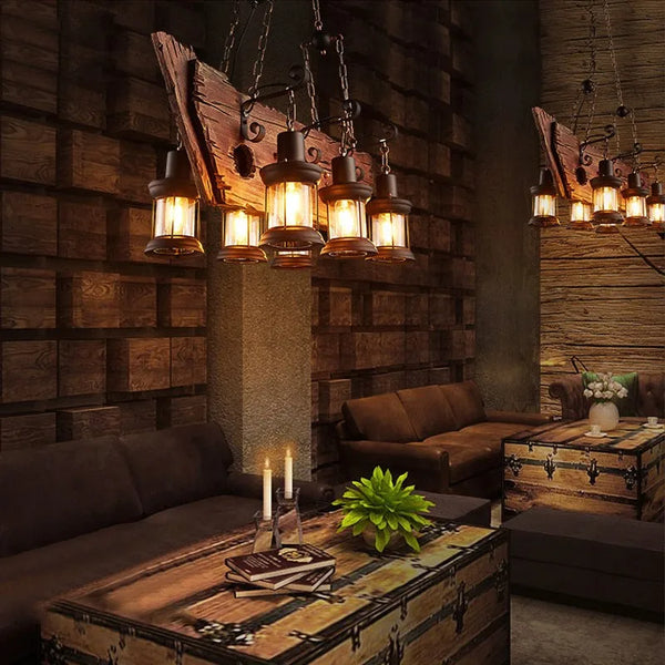 Retro industrial wood and iron pendant light with LED, pendant light with metallic sheen