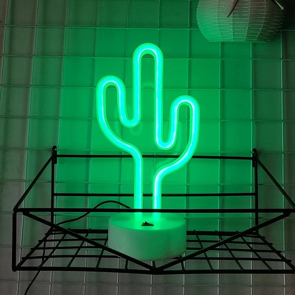 LED table lamp with cactus shaped neon lights, battery and USB powered