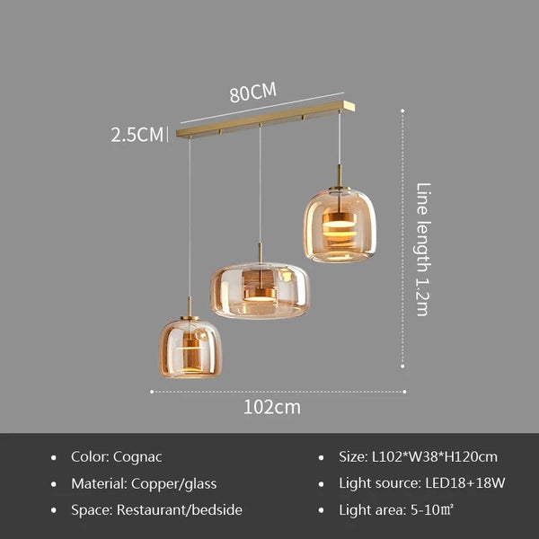 Modern LED pendant light, smoked glass 15/26/38 cm