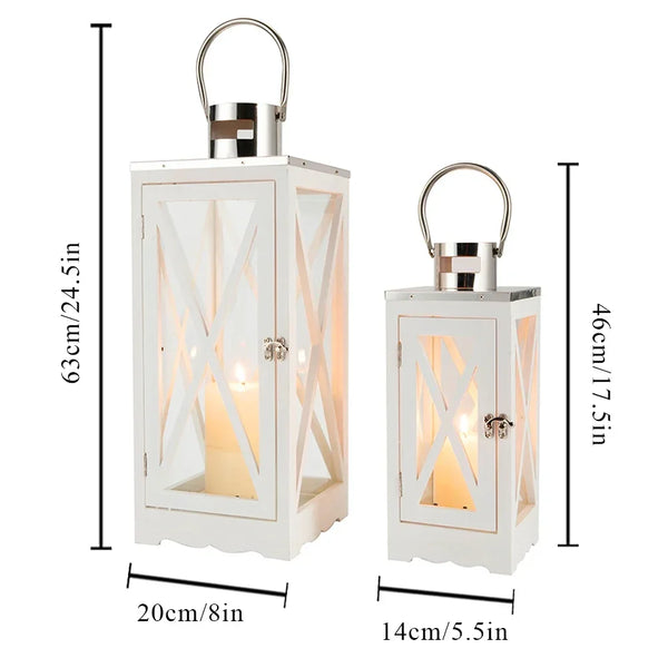 Farmhouse Wood Lantern Decorative Candle Holders with Tempered Glass & Stainless Steel Handle Hanging Lantern for Indoor Outdoor