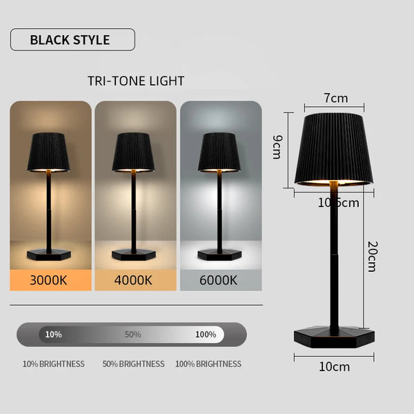 Rechargeable LED table lamp with touch switch and 3 levels of dimmable intensity.