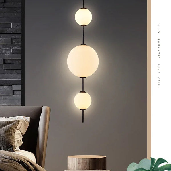 Modern LED pendant light with white glass sphere, interior decoration accessory