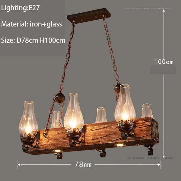 Retro industrial wood and iron pendant light with LED, pendant light with metallic sheen