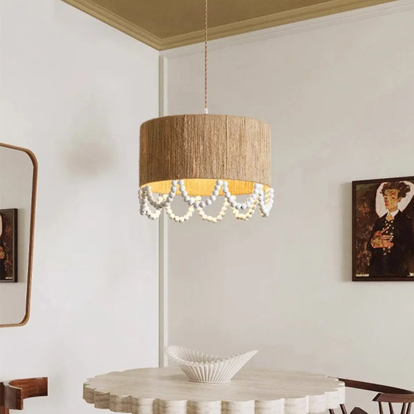 Japanese Wabi Sabi pendant light with wooden beads and hemp rope