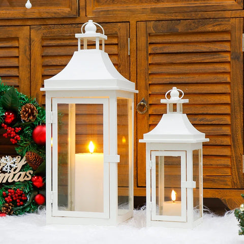 Set of 2 19.5''&13''Tall Outdoor Candle Lanterns Vintage Hanging Tower Metal Candle Holder for Indoor Outdoor Balcony(White)