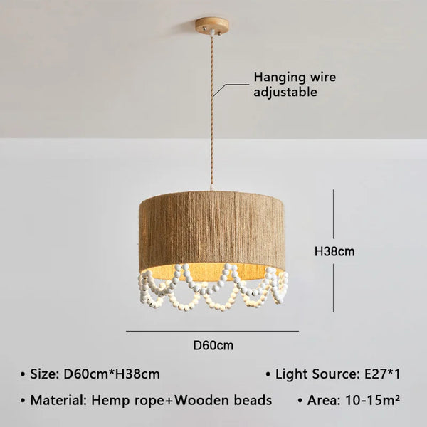 Japanese Wabi Sabi pendant light with wooden beads and hemp rope