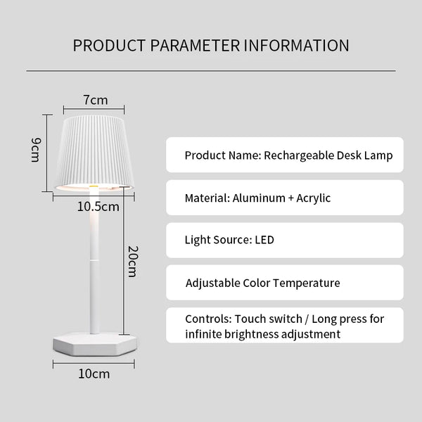 Rechargeable LED table lamp with touch switch and 3 levels of dimmable intensity.