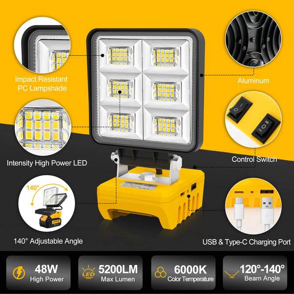 Luz de trabalho LED portátil de 48 W 5200LM, recarregável
