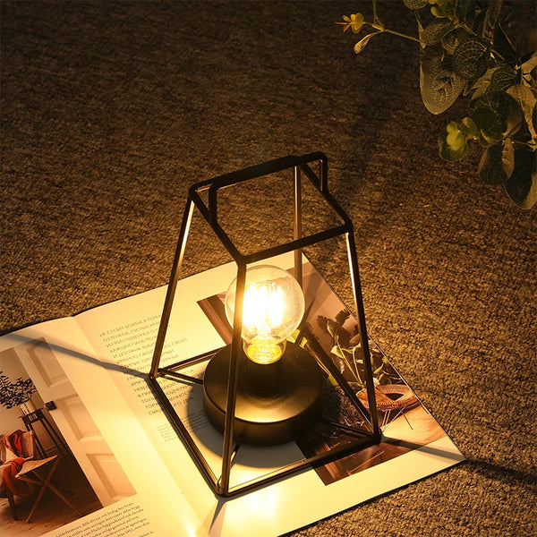 Retro Geometric Candle Holder, Black Iron Birdcage, Wireless Table Lamp, Battery Powered, Metal Crafts