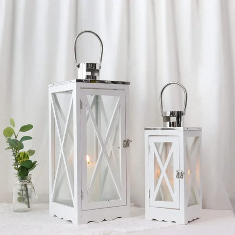 Farmhouse Wood Lantern Decorative Candle Holders with Tempered Glass & Stainless Steel Handle Hanging Lantern for Indoor Outdoor