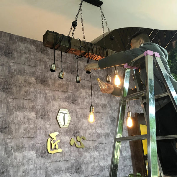 Retro industrial wood and iron pendant light with LED, pendant light with metallic sheen