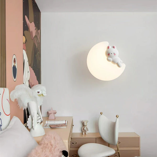 Romantic wall lamps in the shape of a rabbit and a bear, moon
