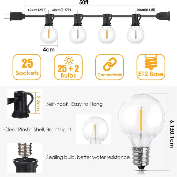 ST38/G40 Dimmable LED Outdoor String Lights – Connectable Warm 2700K Lighting for Porch & Backyard Ambience