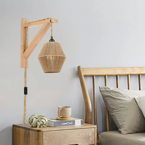LED Paper and Rattan Rope Wall Light, Retro Fabric Lamp, 5m, Adjustable