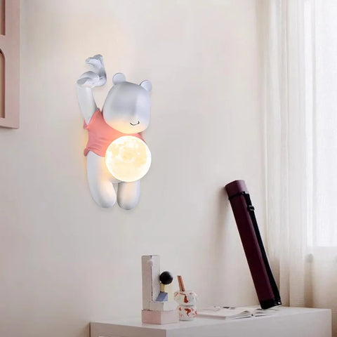 Bear shaped wall lamp, resin LED light with moon glass lampshade