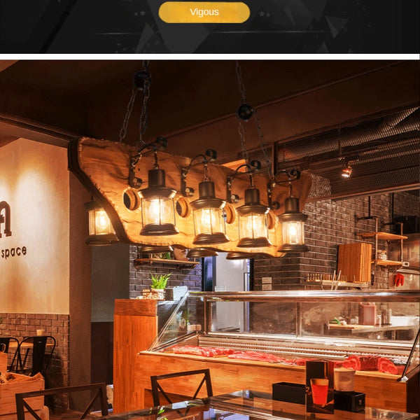 Retro industrial wood and iron pendant light with LED, pendant light with metallic sheen