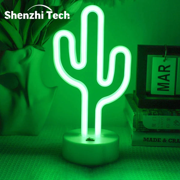 LED table lamp with cactus shaped neon lights, battery and USB powered