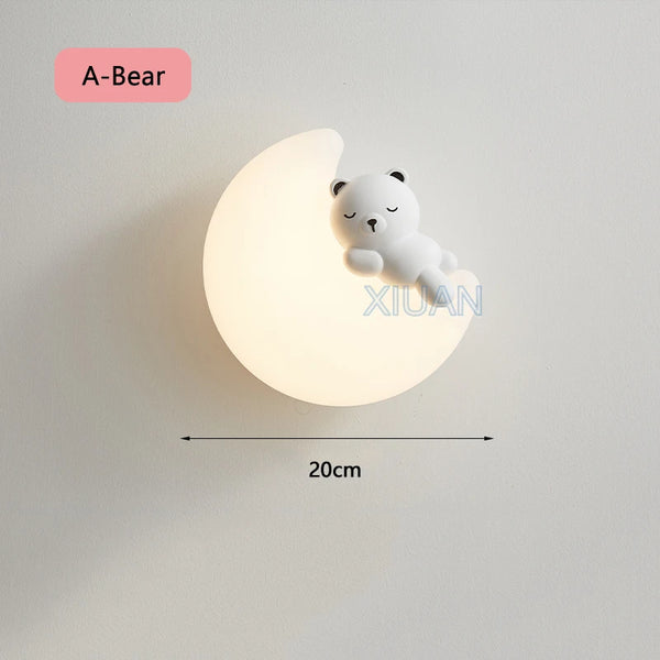 Romantic wall lamps in the shape of a rabbit and a bear, moon