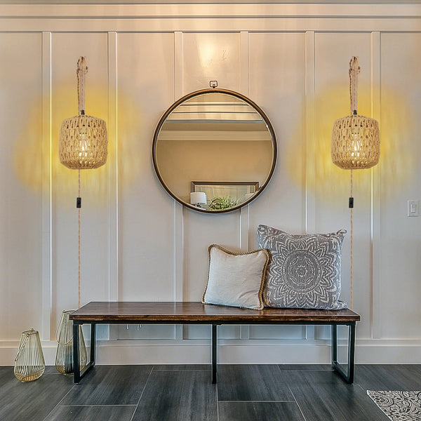 Retro LED Rattan Wall Light with Hemp Rope