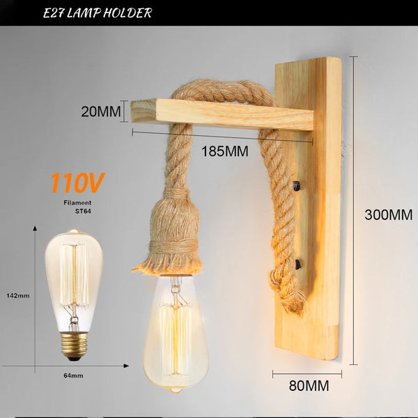 Wooden wall lamp with hemp rope Retor 110V 220V