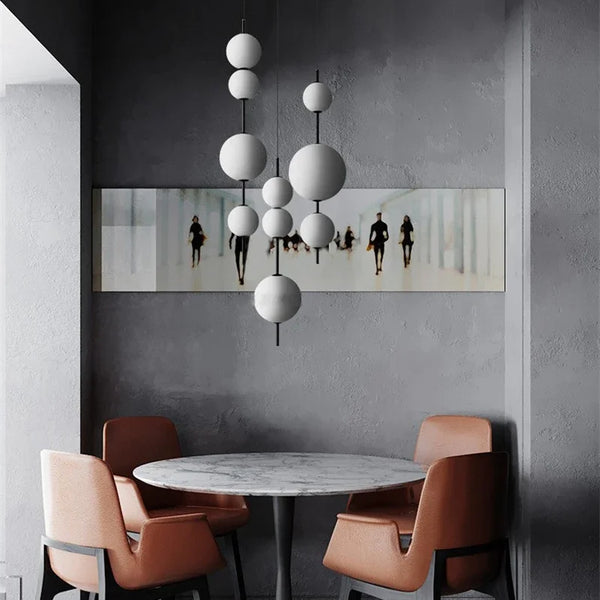 Modern LED pendant light with white glass sphere, interior decoration accessory