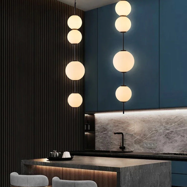 Modern LED pendant light with white glass sphere, interior decoration accessory