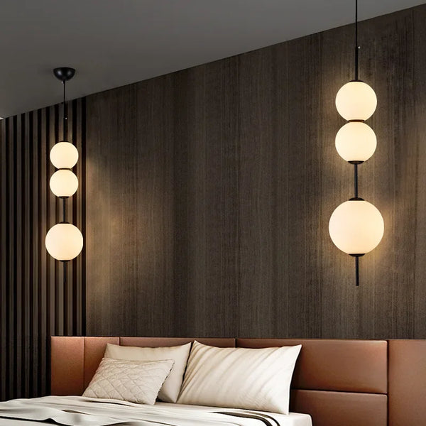 Modern LED pendant light with white glass sphere, interior decoration accessory