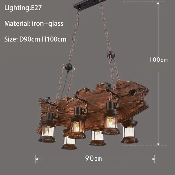 Retro industrial wood and iron pendant light with LED, pendant light with metallic sheen