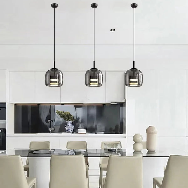 Modern LED pendant light, smoked glass 15/26/38 cm