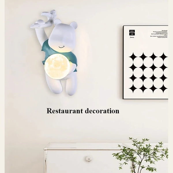Bear shaped wall lamp, resin LED light with moon glass lampshade