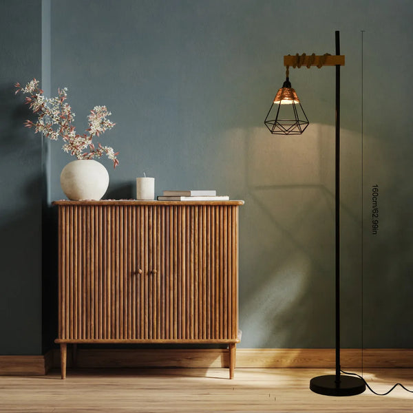 Retro smart floor lamp with rattan shade and extended power cord