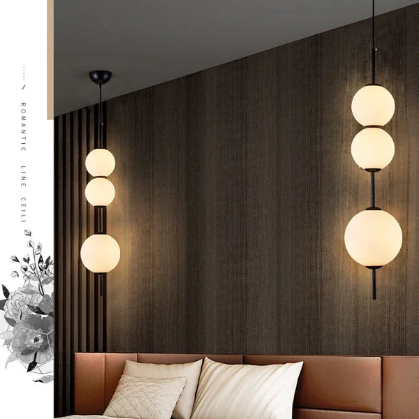 Modern LED pendant light with white glass sphere, interior decoration accessory