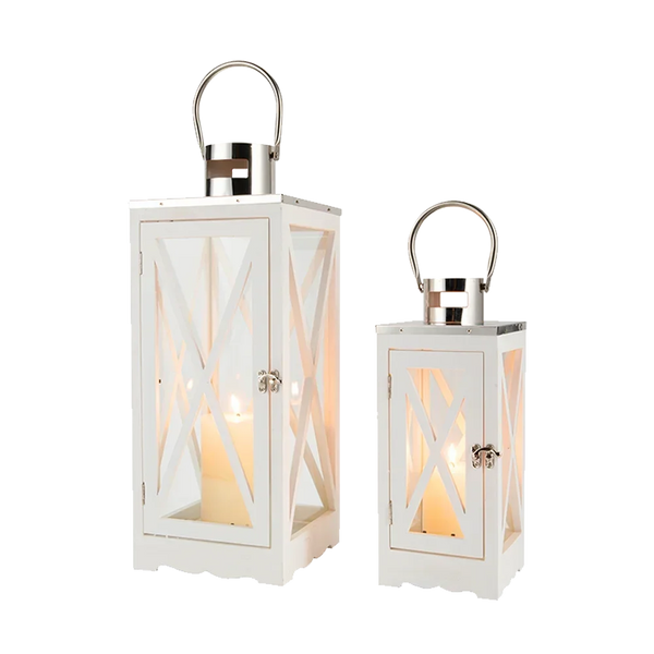 Farmhouse Wood Lantern Decorative Candle Holders with Tempered Glass & Stainless Steel Handle Hanging Lantern for Indoor Outdoor