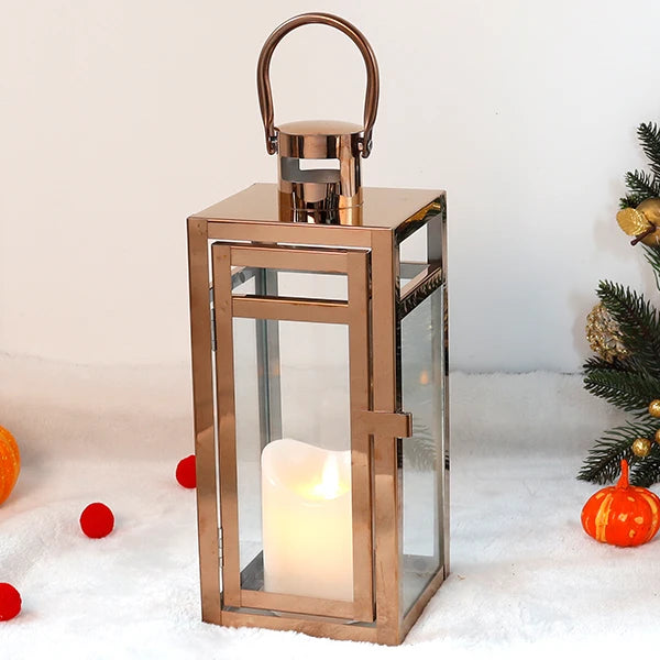 Stainless Steel Candle Holder Lanterns Rose Gold Hanging Lantern Candlestick Light for Indoor Outdoor Weddings Party Home Decor