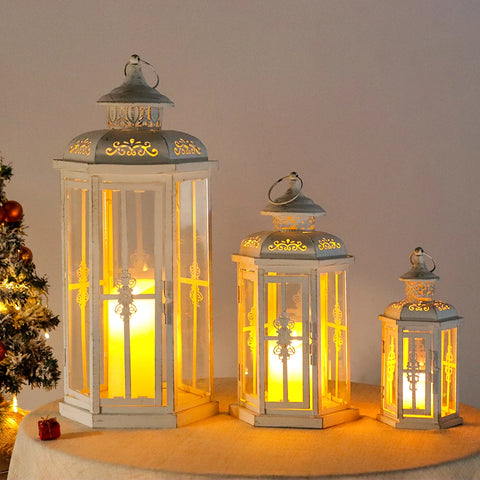 Set of 3 Decorative Candle Lanterns 20''&14"&10" H Outdoor Candle Lanterns Vintage Metal Cand leholder （White with Gold Brush)