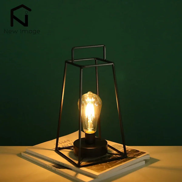 Retro Geometric Candle Holder Table Lamp Art Cordless Battery Operated Lamp Cage Wireless with 6-Hours Timer Home Decor