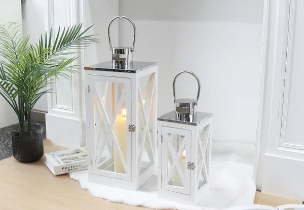 Farmhouse Wood Lantern Decorative Candle Holders with Tempered Glass & Stainless Steel Handle Hanging Lantern for Indoor Outdoor