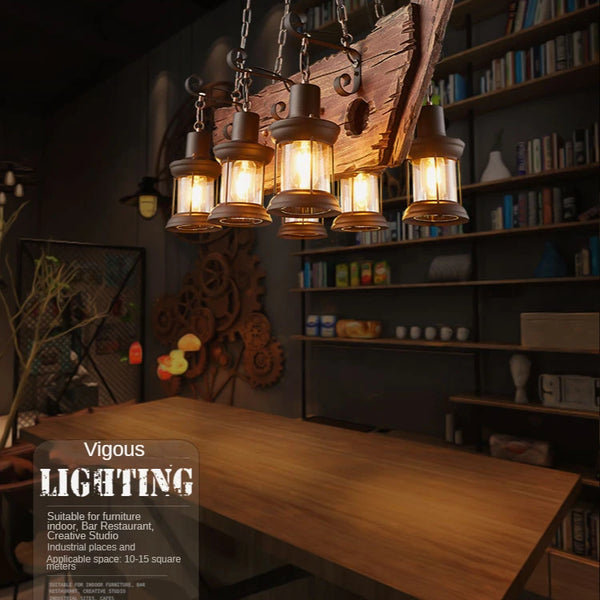 Retro industrial wood and iron pendant light with LED, pendant light with metallic sheen