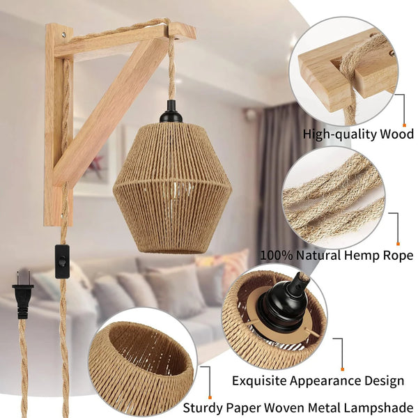LED Paper and Rattan Rope Wall Light, Retro Fabric Lamp, 5m, Adjustable