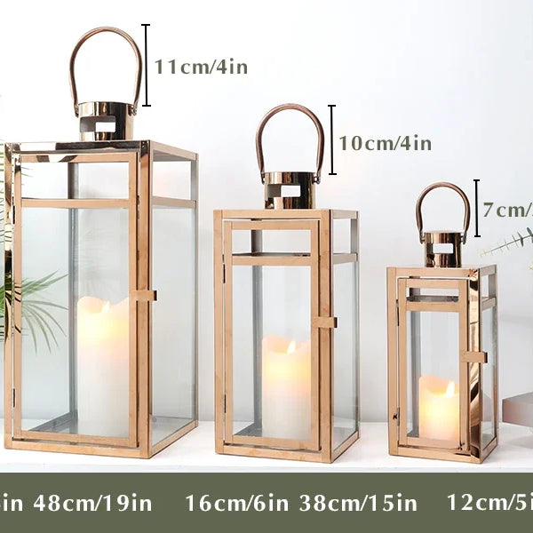 Set of 3 Stainless Steel Candle Lantern 19'' High Metal Candle Holder with Clear Glass Panels For Indoors Outdoors (Rose Gold)