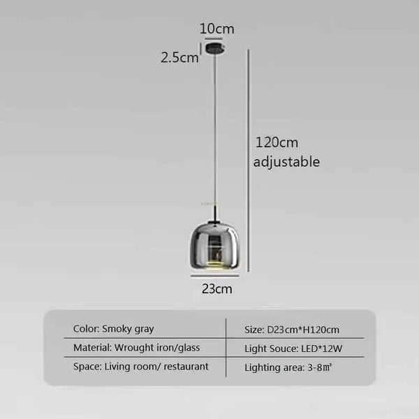 Modern LED pendant light, smoked glass 15/26/38 cm