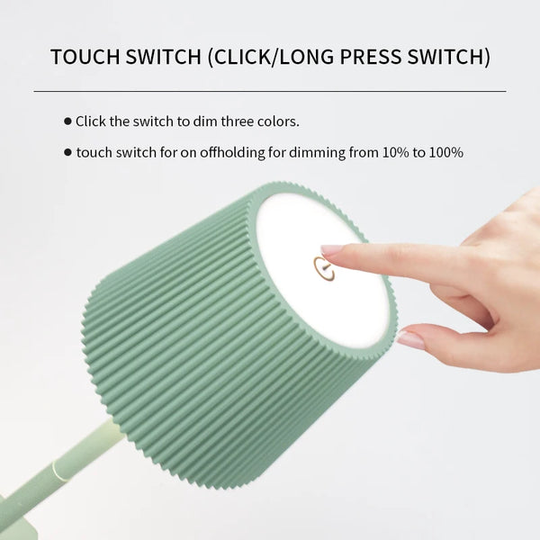 Rechargeable LED table lamp with touch switch and 3 levels of dimmable intensity.