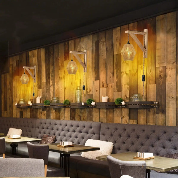 LED Paper and Rattan Rope Wall Light, Retro Fabric Lamp, 5m, Adjustable