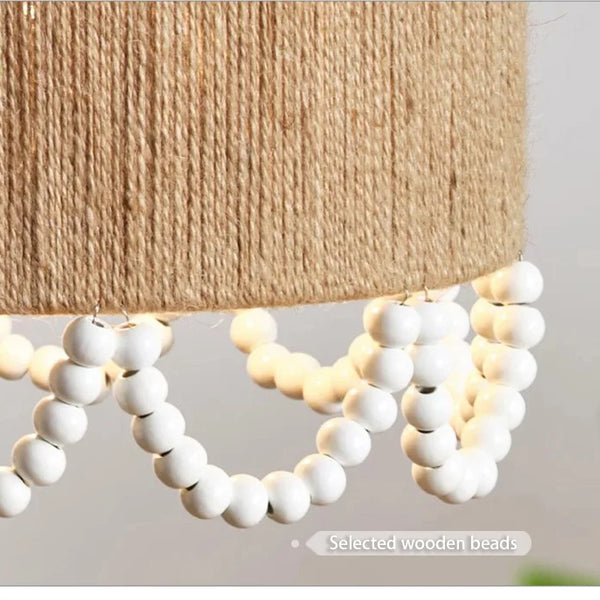 Japanese Wabi Sabi pendant light with wooden beads and hemp rope