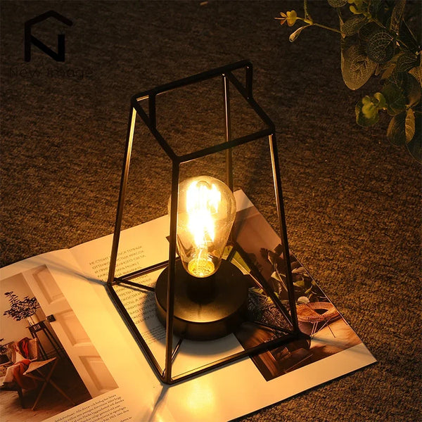 Retro Geometric Candle Holder Table Lamp Art Cordless Battery Operated Lamp Cage Wireless with 6-Hours Timer Home Decor