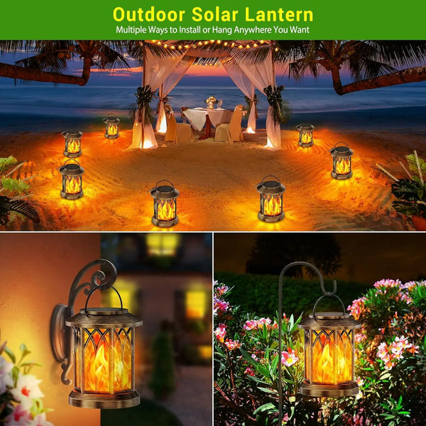 2-Pack Upgraded Flickering Flame Solar Lanterns – Hanging Outdoor Lights in Bronze & Black