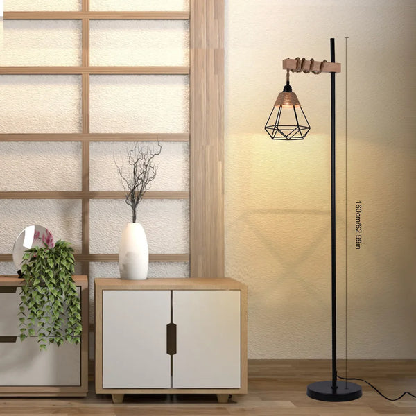 Retro smart floor lamp with rattan shade and extended power cord