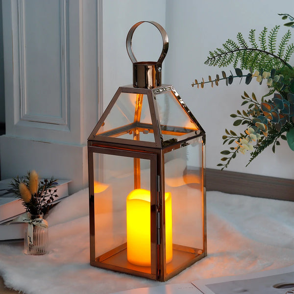 Rose Gold Stainless Steel Candle Holder Decorative Lanterns  with Tempered Glass Table Candle Stick Wedding Party Home Decor