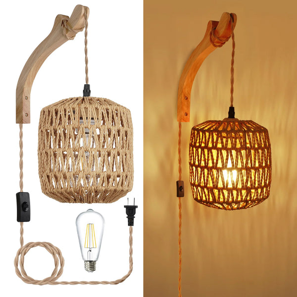 Retro LED Rattan Wall Light with Hemp Rope