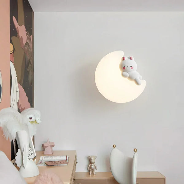 Romantic wall lamps in the shape of a rabbit and a bear, moon